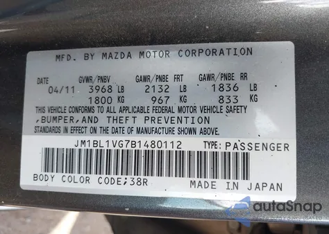 2011 Mazda Mazda3 I Touring from USA, damaged, VIN JM1BL1VG7B1480112